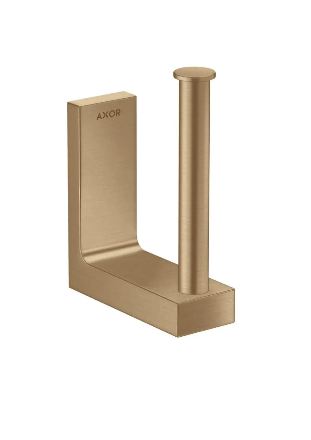 Ersatzpapierrollenhalter aus gebürstetem Bronze mit rechteckiger Basis und vertikalem Halter, markiert mit der Marke AXOR.